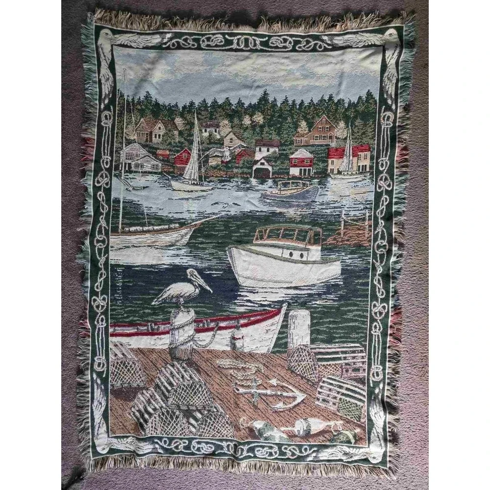 Goodwin Weavers‎ Throw Blanket Fringed Lake Boats Fishing 100% Cotton Made USA